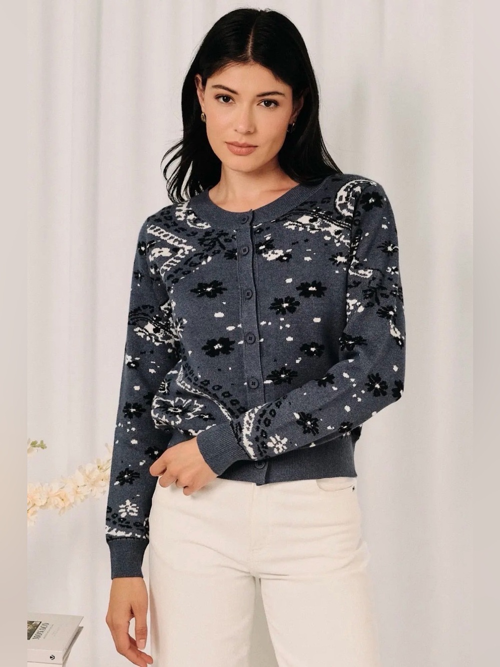 Dark Blue Patterned Button-Up Cardigan Sweater